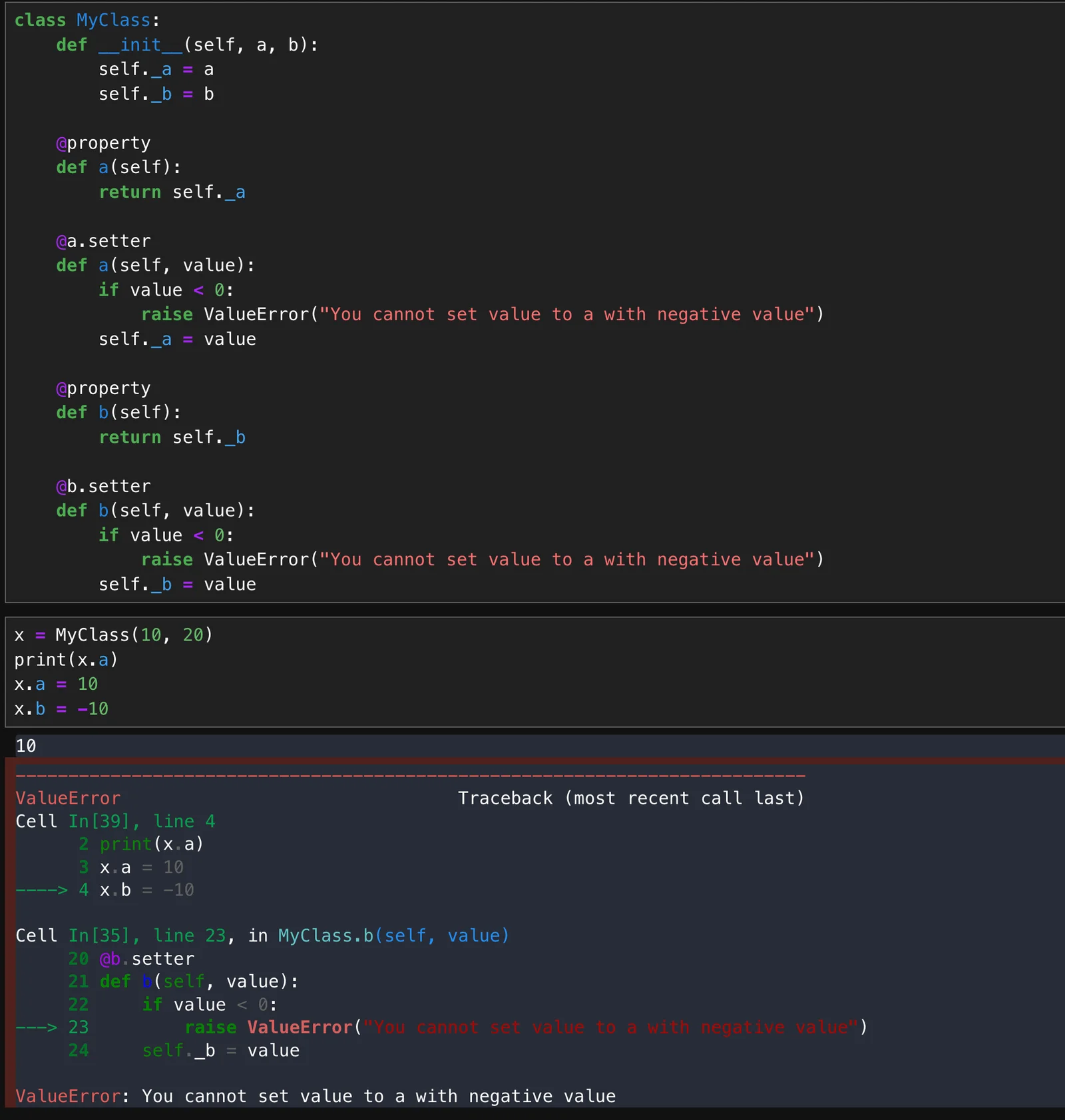 展示真实Python开发环境中使用@property和@property.setter实现属性读写控制的代码，突出外部属性与内部存储变量之间的关系。