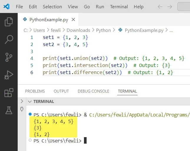 展示真实Python开发环境中两个集合及交集、并集、差集运算代码和输出结果。
