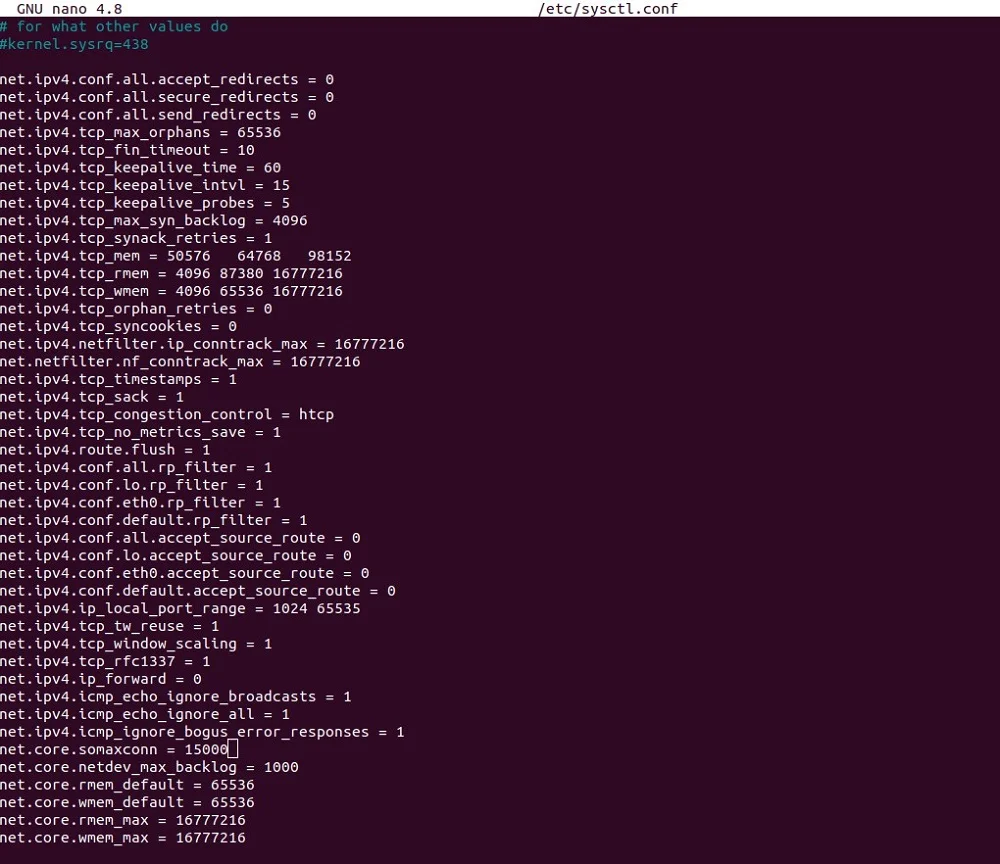 展示Linux服务器终端中配置TCP网络参数的真实命令、配置文件或sysctl输出,体现优化前后的关键参数。