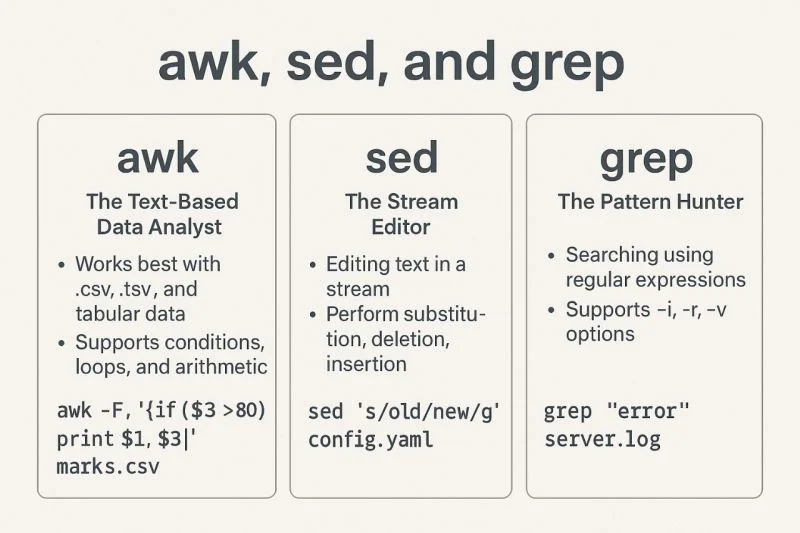 展示Linux终端中awk与sed处理文本的基本流程,并直观区分awk的字段处理与sed的文本编辑能力。