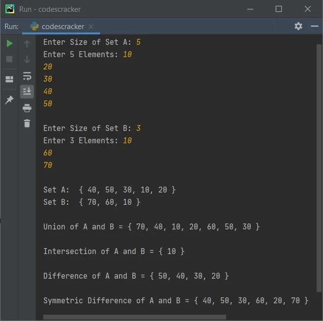 展示真实Python终端中对集合运算结果进行type、len和成员关系验证,并体现差集方向导致不同结果的对比。