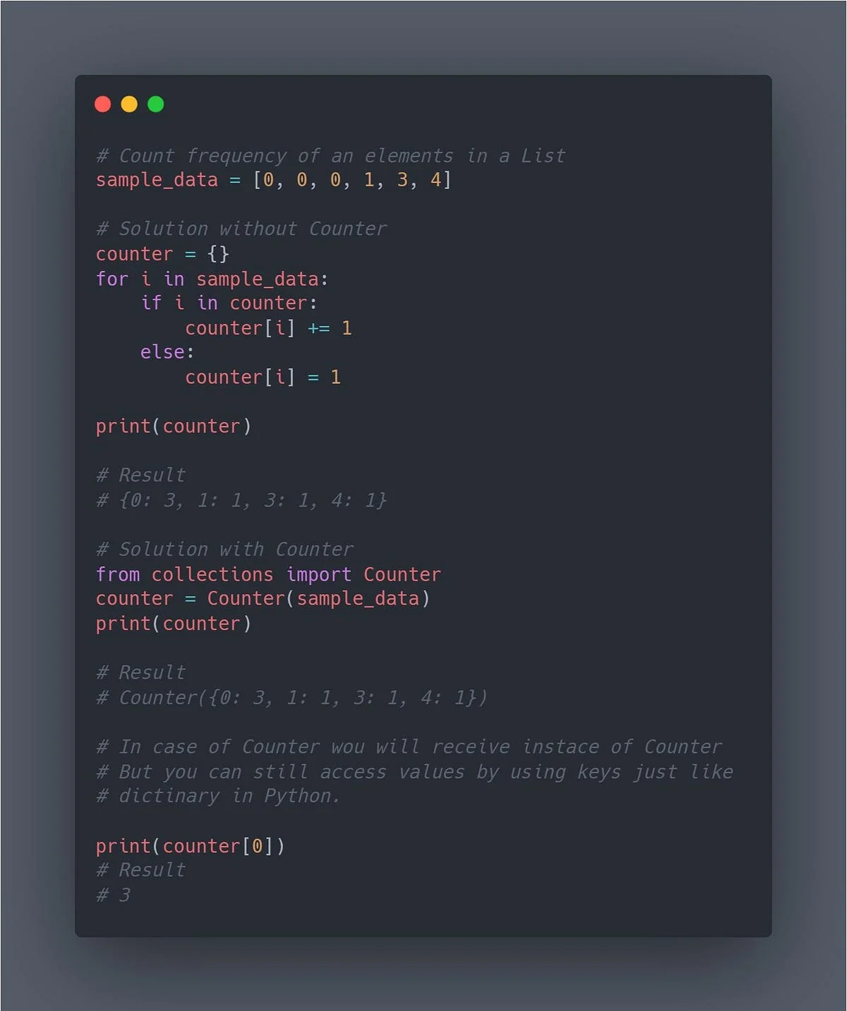 展示真实Python开发环境中的defaultdict与Counter代码,突出普通字典、默认值和计数器之间的功能差异。