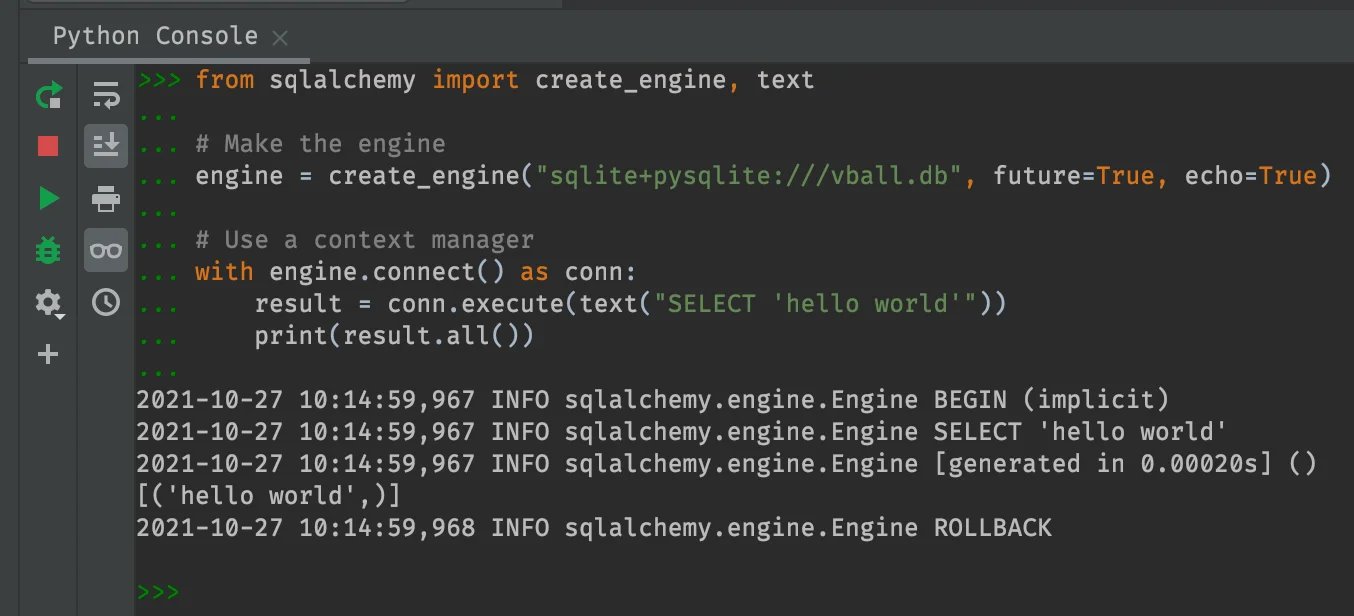 展示真实SQLAlchemy调试日志或Python终端,突出SQL语句、BEGIN、COMMIT、ROLLBACK以及查询结果。